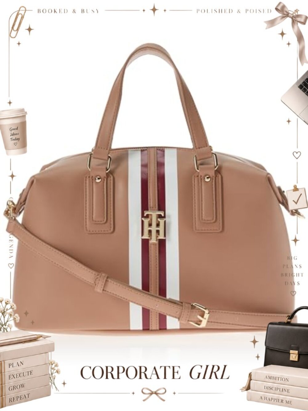 Striped PVC Satchel Crossbody Bag with Vegan Leather Strap & Gold Tone Hardware